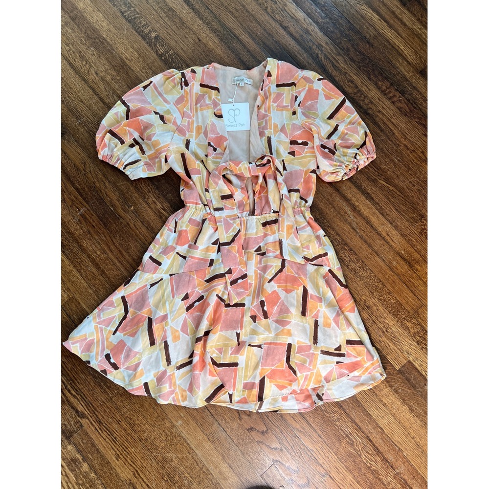 New Sweet Pot Geometric Abstract Print Tie Front Mini Dress Orange Yellow Size 8